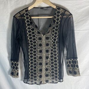 Only Hearts Sheer Black Embroidered Long Sleeve Top Sz L